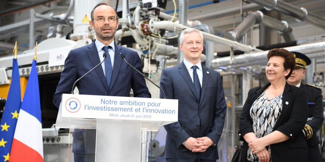 Le Premier ministre, Édouard Philippe à Metz jeudi 21 juin 2018, accompagné du ministre de l'Économie, Bruno Le Maire et de la ministre de la Recherche et de l'Enseignement supérieur, Frédérique Vidal.